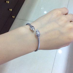 Sterling Silver Lotus Flower Wire Cable Cuff Bracelet Women Bangle(SZ0199)