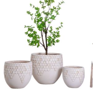 Prosperity Honeycomb Structure Pattern Neutral Beige Round Fiber Clay Planter