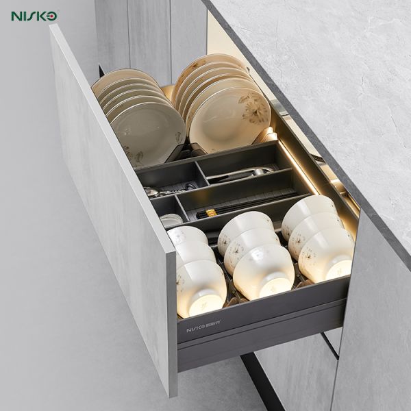 Modular Bowl And Dish Pull out Basket Drawer Kitchen Storage Solution With Led