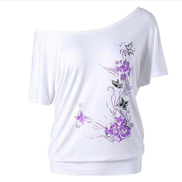 100% Cotton Plus Size Ladies Shirts Bat Sleeve T Shirt Slant Shoulder Short Sleeve