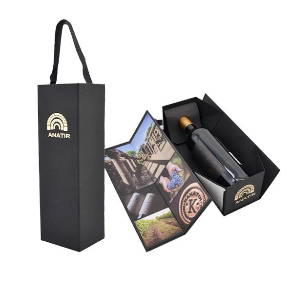 Buy Black Flat Foldable Wine Bottle Packaging Box with UV Finish at wholesale prices