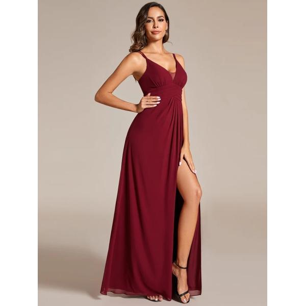 Empire Zipper A-line High Slit Pleated Adjustable Straps V-neck Burgundy Chiffon Evening Dress