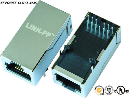 Side Entry Shileded POE RJ45 Connector PCB Jack Without LED , XFVOIP5E-CLGY1-4MS