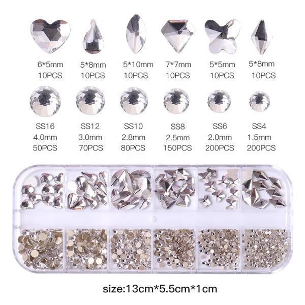 Nail Art Glass Stone strass 12 Grid/box Multi Shapes Mixed Sizes Flat Back Round nail charms in bulk Rhinestones