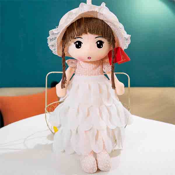 Cute Purple Dress And White And Pink Skirts Plush Rag Doll With Cap 12 Inches