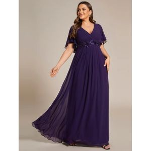 Empire Plus Size Applique Short Sleeve A-line V-neck Flutter Sleeves Invisible