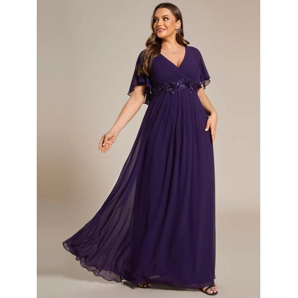 Empire Plus Size Applique Short Sleeve A-line V-neck Flutter Sleeves Invisible