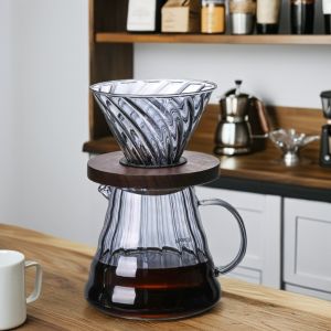 Normal Bottle Type Transparent Glass Coffee Dripper with Bamboo Stand and Handle