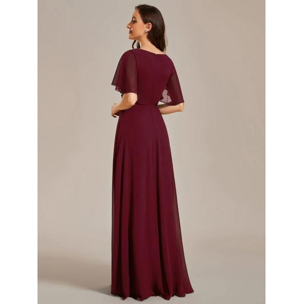 Sexy Empire Applique A-line Short Flutter Sleeves V-neck Invisible Zipper Burgundy Chiffon Prom Dress