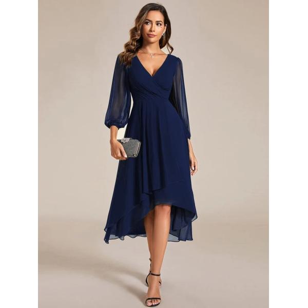 Elegant Empire Long Sleeve V-neck High Low A-line Ruffled Midi Navy Blue Chiffon Wedding Guest Evening Dress