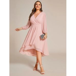 Plus Size Ruffled A-line Long Sleeve V-neck High Low Wedding Guest Burgundy