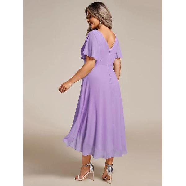 Empire Plus Size V-neck High-low A-line Short Sleeve Ruffled Lavender Chiffon Wedding Guest Party Dress