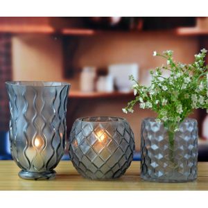 8" Grey Embossed Fence Pattern Glass Candle Holders