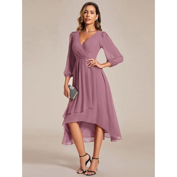 Elegant Empire Long Sleeve V-neck High Low A-line Ruffled Midi Purple Orchid Chiffon Wedding Guest Homecoming Dress