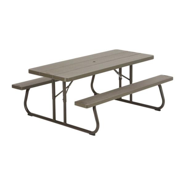 Outdoor Furniture 6ft Rectangular Picnic Table with Umbrella Hole and Folding Chairs
