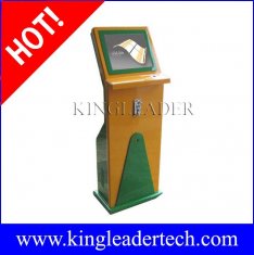 Interactive touchscreen kiosk with SAW touchscreen and space-saving design