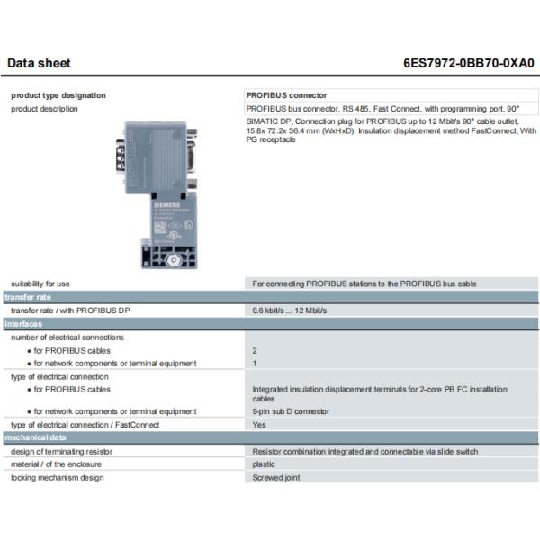 6ES7972-0BB70-0XA0 SIMATIC Siemens DP connector bus connector 100% Original
