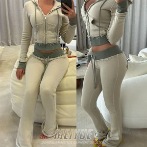 Custom Embroidery Distressed Crop Top Zip up Hoodie Sweatsuit Joggers Two Piece