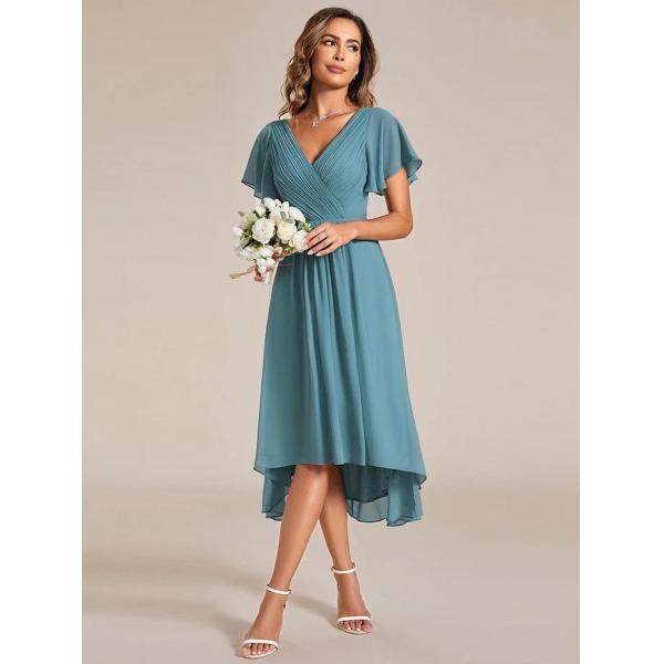Chic V-neck High-low Short Flutter Sleeves A-line Ruffles Midi Invisible Zipper Dusty Blue Chiffon Guest Cocktail Dress