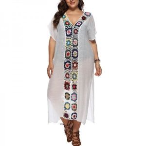 Women white see-through beach kimono style maxi dress with flower print
