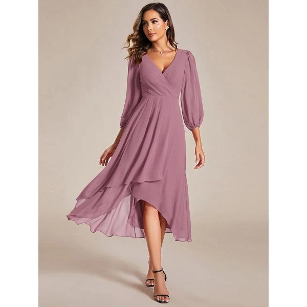 Elegant Empire Long Sleeve V-neck High Low A-line Ruffled Midi Hot Pink Chiffon Wedding Guest Party Dress