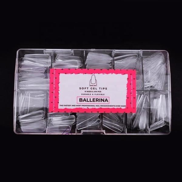 500pcs/box Custom Logo Soft Gel Clear Full Cover Medium Almond Long Coffin Nail