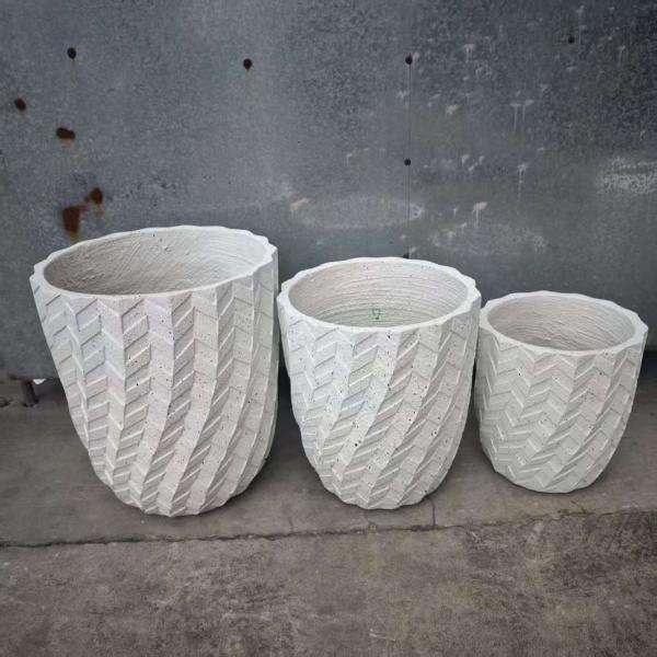 Herringbone Pattern White Round Fiber Clay Planter Frame Entrances