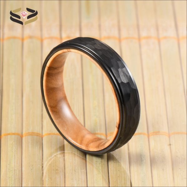 6mm Hammered Black Tungsten Carbide Ring with Olive Wood Liner A Perfect Combination of Style and Durability