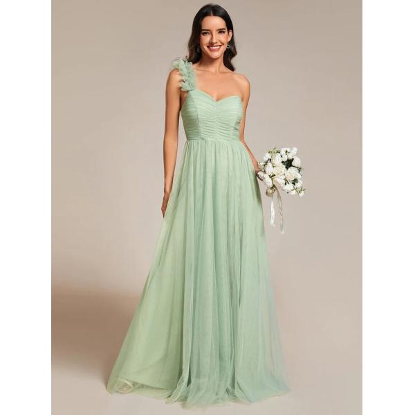 Exquisite One-shoulder Sweetheart Ruffled A-line Zipper Pleated High Slit Burgundy Tulle Evening Dress