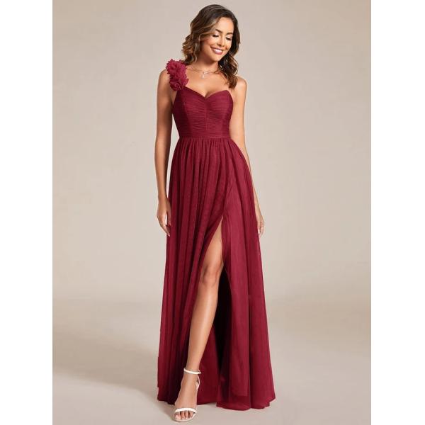 Exquisite One-shoulder Sweetheart Ruffled A-line Zipper Pleated High Slit Burgundy Tulle Evening Dress