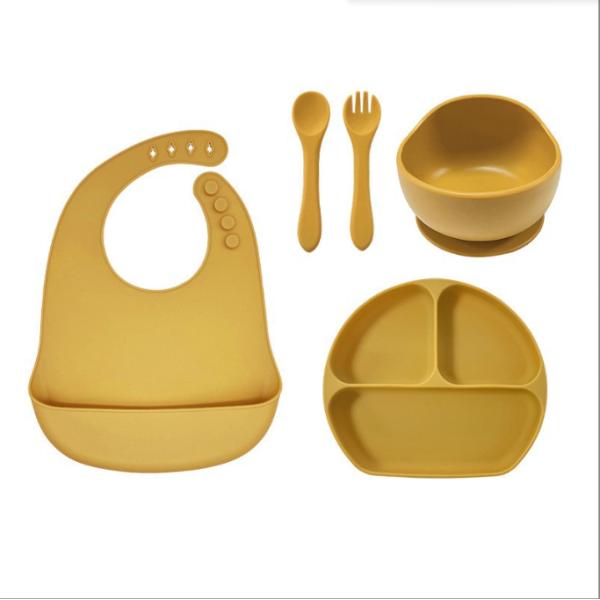 Silicone Baby Feeding Set 5pcs Best Waterproof Safety Easy Clean Bowl with Spoon Bib