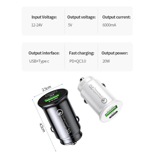 20W USB C Dual Port Car Charger QC3.0 Mini Lighter Slot PD