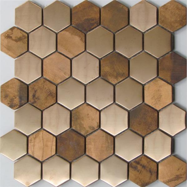 Metallic Copper Mosaic Tile Backsplash , Hexagon Stainless Steel Subway Tile
