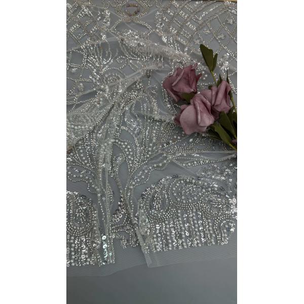 Beaded Pearl Embroidered Lace Fabric Polyester For New Season Evening Dresses