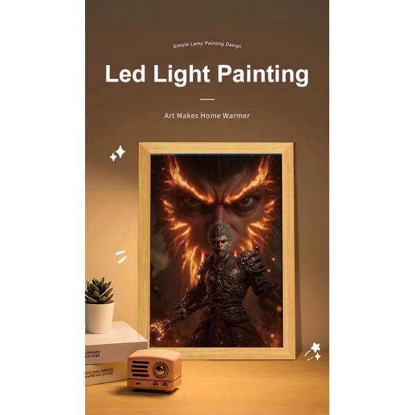 White Light Wood Frame Black Myth Monkey King Journey West Light Painting for Bedroom