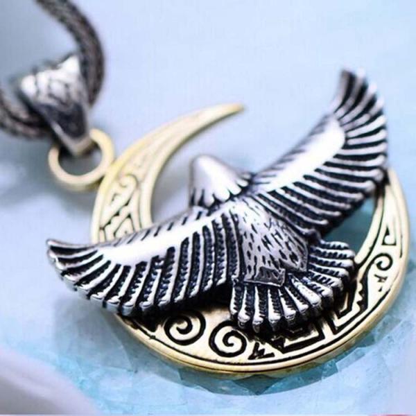 Two Tone Silver Retro Necklace with Crescent Eagle Pendant(XH047444)