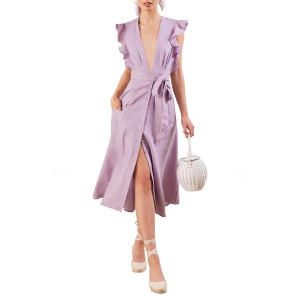Clothing Fashion Women Ruffle Shoulder Midi Linen Dress Ladies