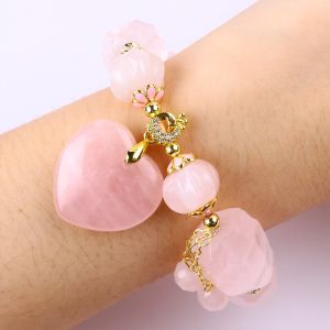 14MM Multi Facted Rose Quartz Stone Crystal Bracelet Heart Carving
