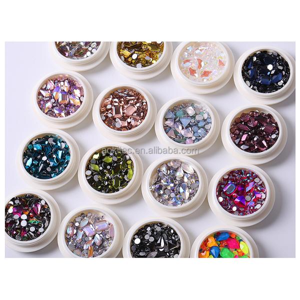 Aokitec drop shipping bulk box packing size shaped mixed neon 3d glass ab crystal flatback nail rhinestones