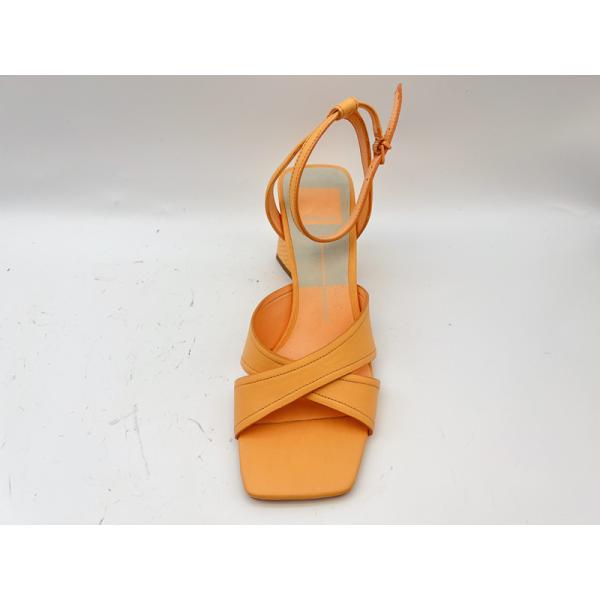 Orange Heeled Leather Square Toe Sandals ODM / OEM Womens Cross Strap Slippers