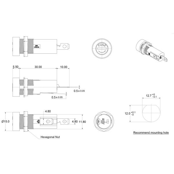 PTF70 5x20mm 10A 250V Bakelite Electric Fuse Cutout Box Panel Mount Glass Fuse Holder