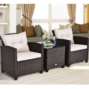 3pc Patio Wicker Bistro Conversation Patio Balcony Poolside-2 Cushioned