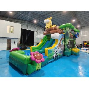 China Outdoor Bounce House With Slide Jungle Animals Inflatable Bouncy Castle With Slide Combo Double Slides For Rental on sale