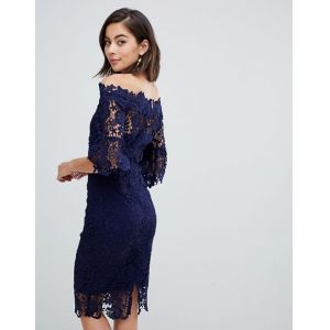 custom make off shoulder frill sleeve navy crochet dress