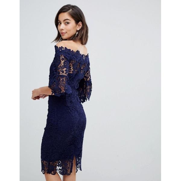 custom make off shoulder frill sleeve navy crochet dress