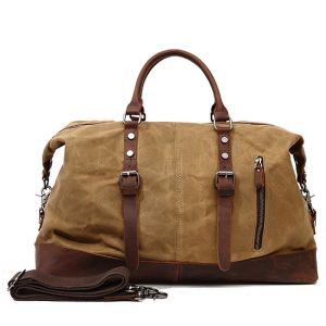 Waterproof Canvas Duffel Bag Genuine Leather Weekend Bag Weekender Overnight