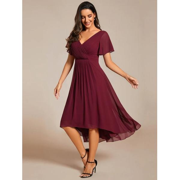 Chic V-neck High-low Short Flutter Sleeves A-line Ruffles Midi Invisible Zipper Burgundy Chiffon Prom Dress