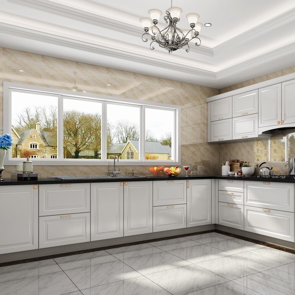 White L-shaped kitchen cabinet installation showing soft-close doors