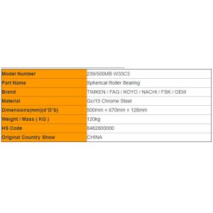 High Speed 239 / 500MB W33C3 Spherical Roller Bearing Double Row
