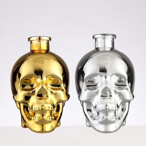 Cap with Brush Seal Transparent Gold and Silver Skull Glass Whisky Vodka Wine Bottle